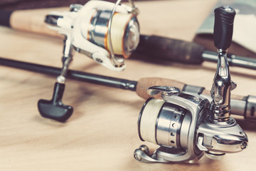 Fishing rods and reels with line. Close up and selective focus