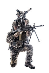 Two Army Rangers in field Uniforms with weapon. Studio shot