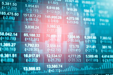 Stock data indicator analysis on financial market trade chart on LED. Concept Stock data trade. Digital financial trade analysis background. Double exposure style