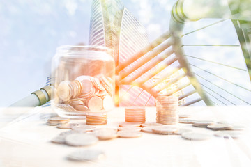 Stack coin money with account book finance and banking with profit graph of stock market trade indicator financial. Profit graph of stock market trade indicator financial.Double exposure style