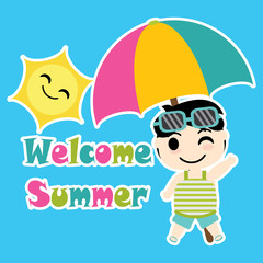 Cute Boy with colorful umbrella beach vector cartoon, Summer postcard, wallpaper, and greeting card, T-shirt design for kids