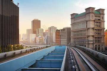 Fototapeta na wymiar Cityscape from monorail sky train in Tokyo.Transportation and technology concept