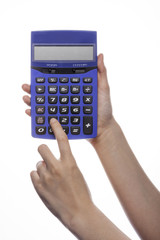 woman hand hold a calculator isolated white.