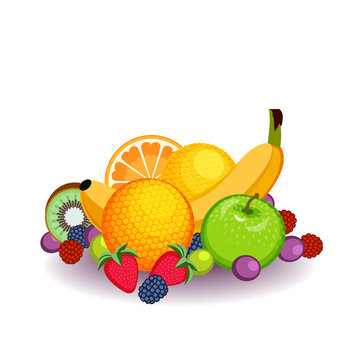 Fruit arrangement with green apple, banana, berries, kiwi and orange.
