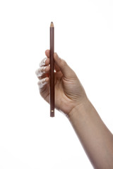 woman hand hold a pencil isolated white.