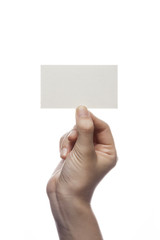 woman hand hold a white paper(name card) isolated white.