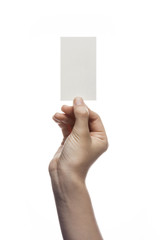 woman hand hold a white paper(name card) isolated white.