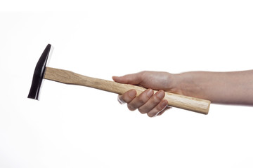 woman hand hold a hammer isolated white.