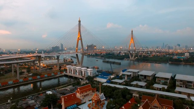 aerial view of thai temple and bhumiphol bridge in bangkok thailand