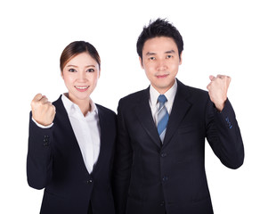 Successful business man and woman with arm raised isolated on white