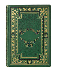 vintage book with green textile cover with decorative ornate, golden frame and blank label for your...