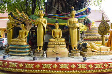 Row of gold Buddha statues in Wat Si Muang Buddhist temple in Vientiane, Laos