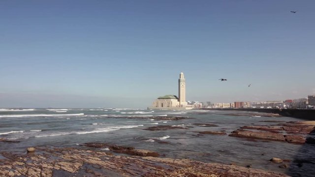 Seafront of Grande Mosquée Hassan II in Casablanca, Morocco.