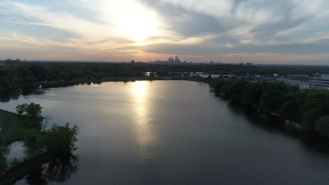 Aerial View Flying Towards Philadelphia at Sunset