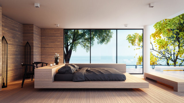 The Modern Bedroom -  Sea view for vacation and summer 
/ 3d rendering interior