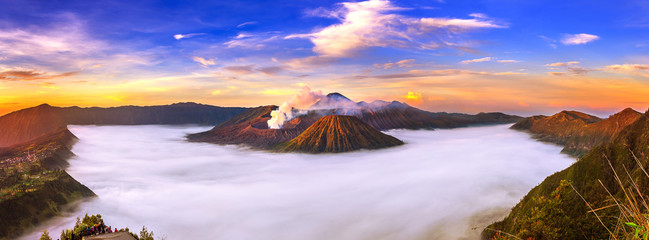 Mount Bromo volcano (Gunung Bromo) during sunrise from viewpoint on Mount Penanjakan in Bromo Tengger Semeru National Park, East Java, Indonesia. © tawatchai1990