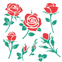 Set of decorative red rose silhouette with green leaves. Vector illustration. Flower icon - obrazy, fototapety, plakaty