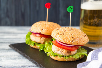 Homemade healthy Turkey Burger with Lettuce and Tomato. selective focus