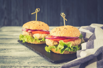 Homemade healthy Turkey Burger with Lettuce and Tomato. selective focus