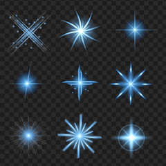blue shine stars with glitters, sparkles icons set. Effect twinkle, glare, scintillation element sign, graphic light. Transparent design elements background. Varied template Vector illustration