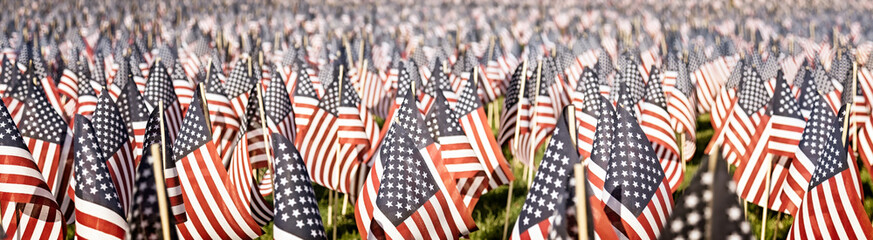 Memorial Day tribute. Thousands of tiny flags in a field. Faded vintage color. Banner format - 147402063