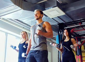 Athletic male and two slim female fitness models doing shoulder exercises with dumbbells.