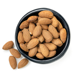 Almonds in Black Bowl Top View Isolated