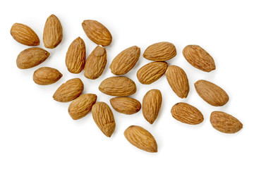 Almonds Isolated on White Scattered Top View