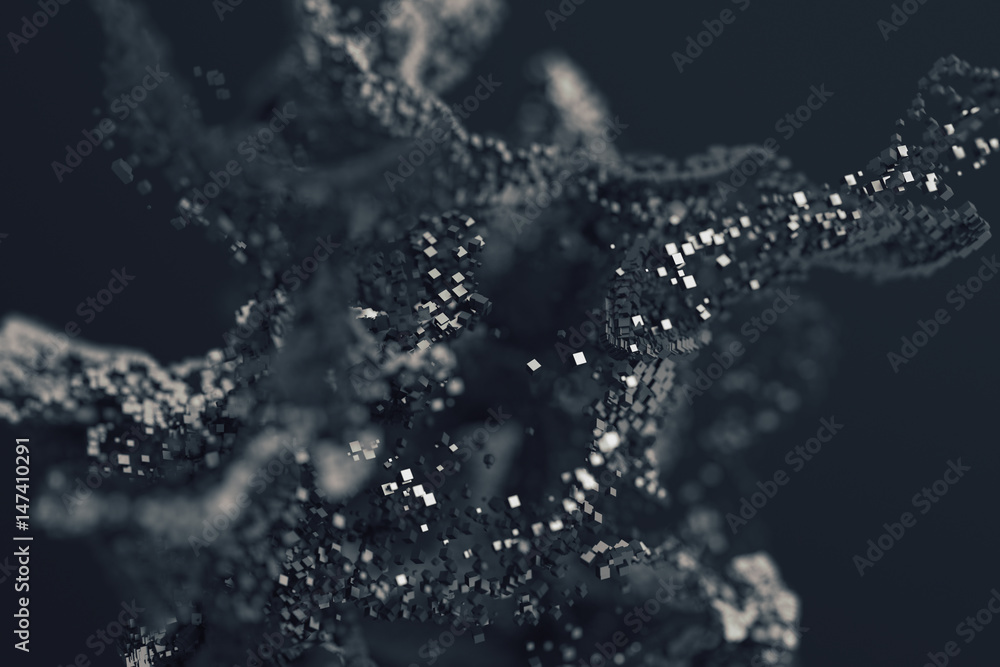Poster abstract 3d rendering of chaotic particles. flying cubes in empty space. dynamic shape. futuristic b