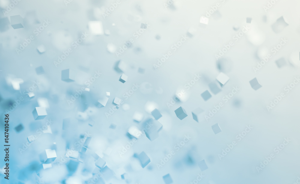 Poster abstract 3d rendering of chaotic cubes. flying shapes in empty space. dynamic background with bokeh,