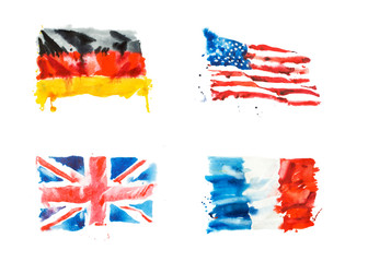 Obraz premium Flags of USA, Great Britain, France, Germany hand drawn watercolor illustration.