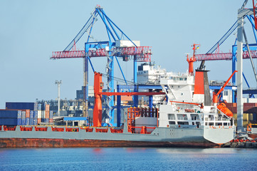 Fototapeta premium Port cargo crane, ship and container