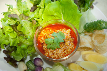 Northern Thai Tofu and Tomato Spicy Dip Selective focus (Thai name is Nam prik ong) / Thailand Food of  Vegetarian , No meat-Made from tofu (soy)