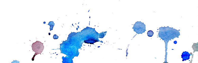Obraz premium Blue watercolor splashes and blots on white background. Ink painting. Hand drawn illustration. Abstract watercolor artwork.