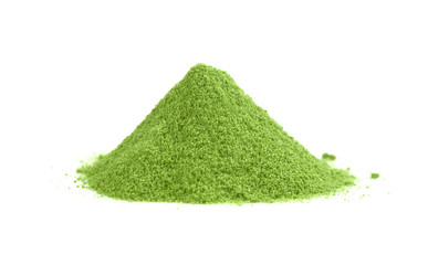 powdered hill green tea, green powder heap isolated on white background