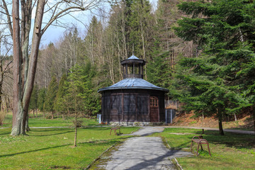 Drewniany budynek pijalni w Parku Słotwińskim. Jest to najstarsza pijalnia wody mineralnej w Krynicy Zdroju, z 1806 r.  - 147420478