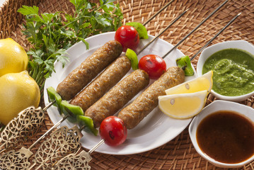 Chicken minced Shish Kebab with vegetable and mint dip  