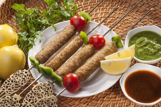Chicken minced Shish Kebab with vegetable and mint dip  