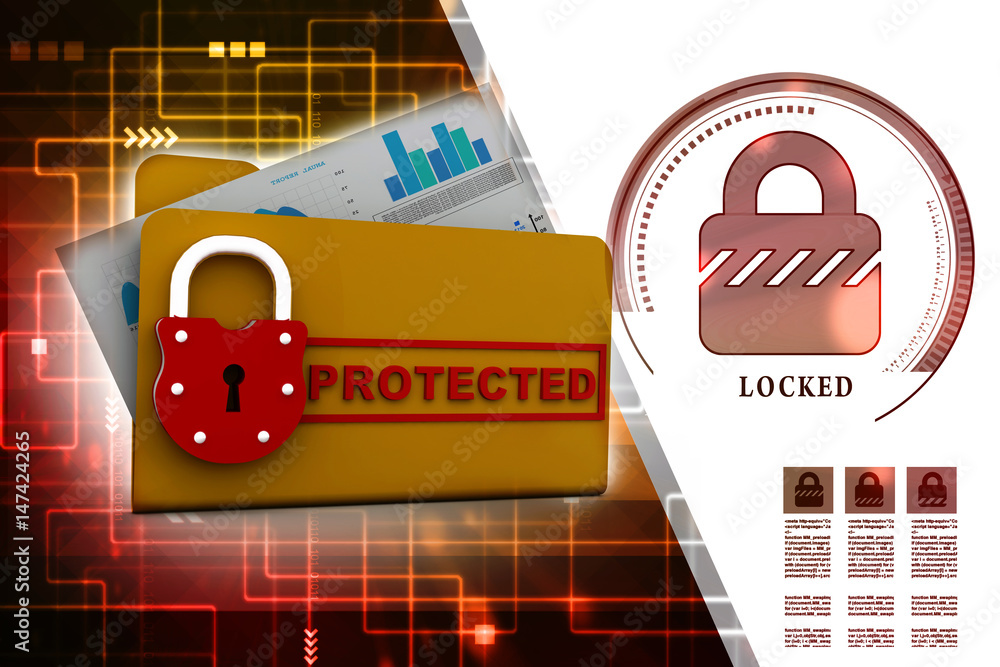 Poster yellow folder and lock. data security concept. 3d rendering