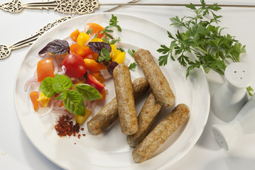 Chicken minced Shish Kebab with vegetable and mint dip 