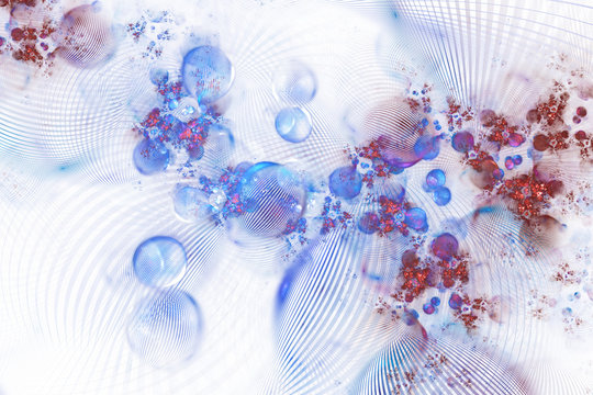 Abstract red and blue textured bubbles on white background. Fantasy fractal design. Psychedelic digital art. 3D rendering.