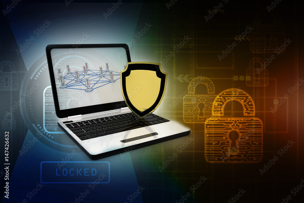 Poster laptop with shield. isolated 3d rendering image