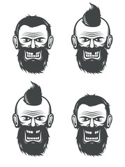 Evil face of a bearded man with an open and a closed mouth. Vector black and white illustration.