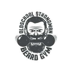 Logo for brutal fitness club. Bearded man with dumbbell in his teeth and inscriptions around. Grunge texture on a separate layer and can be easily disabled.