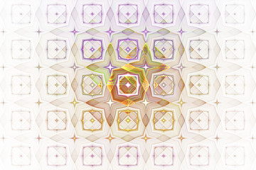 Abstract geometric ornament with glowing sparkles on white background. Fantasy fractal design in purple, green, yellow and brown colors. Psychedelic digital art. 3D rendering.