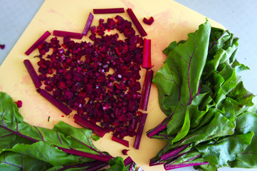 Sliced young beet leaves and heart shaped