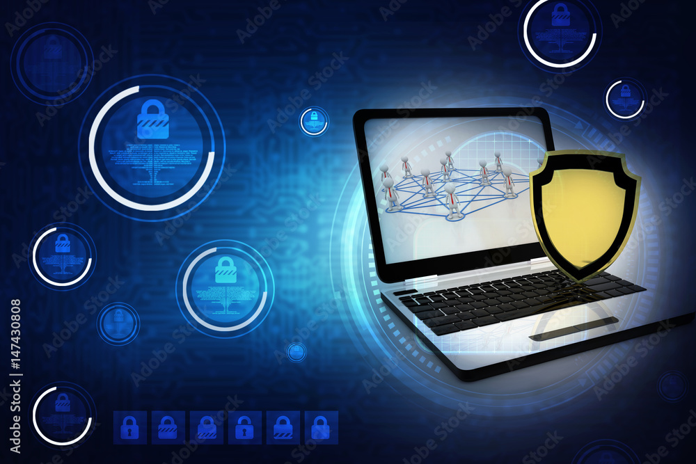 Poster laptop with shield. isolated 3d rendering image