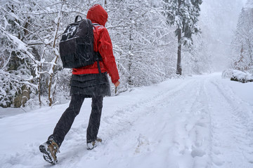 Woman hiker on a snowy trail