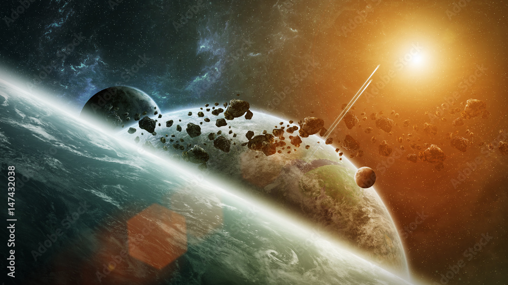 Poster Distant planet system in space 3D rendering
