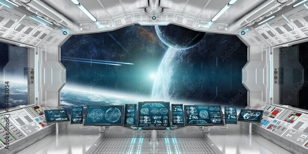 Poster Spaceship interior with view on distant planets system 3D rendering elements of this image furnished by NASA